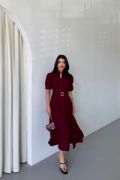YAKA DÜĞME DETAYLI ELBİSE- Bordo resmi